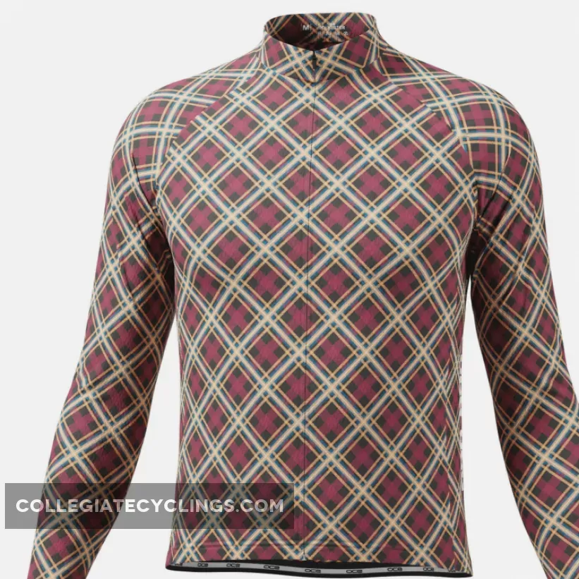 Men's Red Plaid Checkered Long Sleeve Cycling Jersey