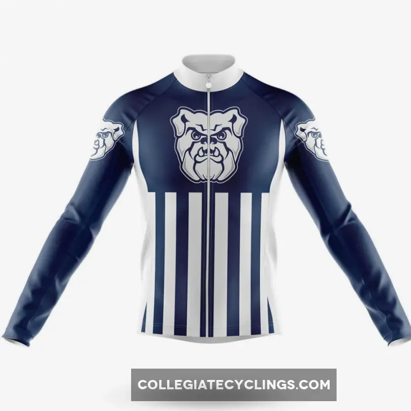 Navy Blue and White Button-Up Cycling Jersey.